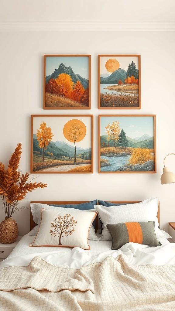 Four framed autumn-themed artworks featuring landscapes with mountains, lakes, and trees in warm colors.