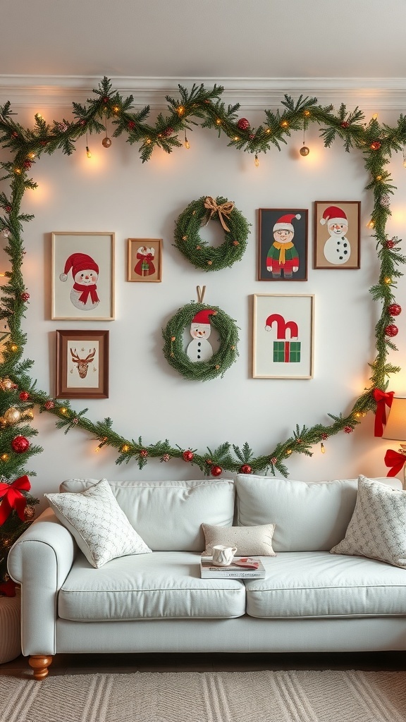 A cozy living room decorated for Christmas with wall art featuring snowmen and Santa, surrounded by garlands and lights.