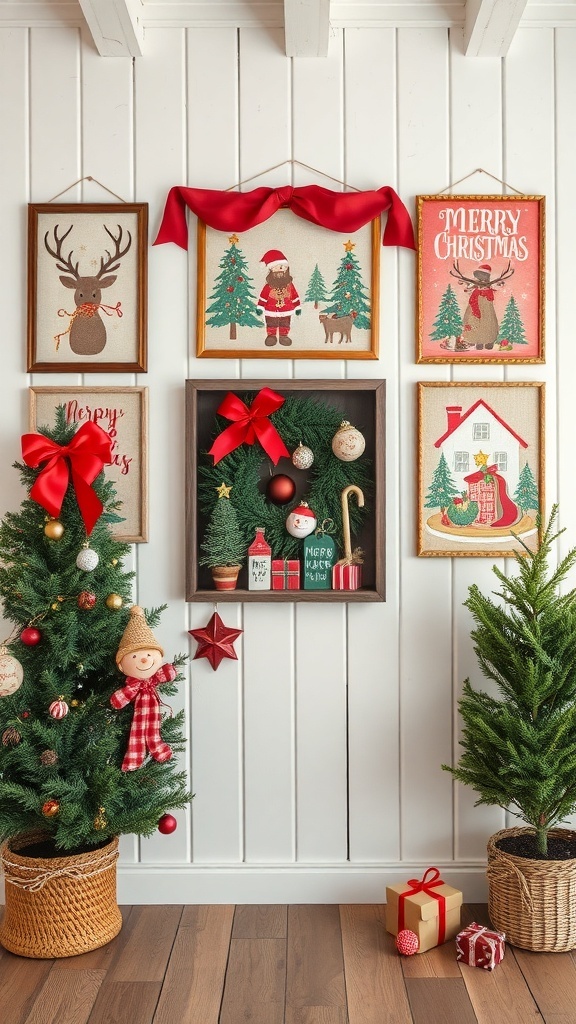 A collection of festive wall art featuring Christmas themes, framed and decorated with bows, alongside small Christmas trees and gifts.