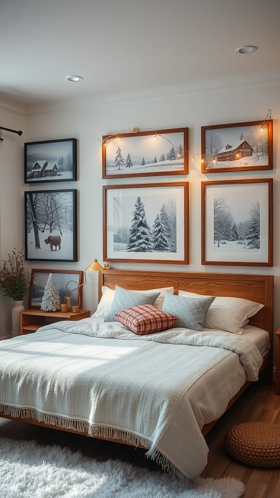A cozy winter-themed bedroom with framed snowy landscapes on the wall.