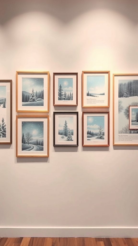 A collection of framed winter-themed artwork on a wall, featuring snowy landscapes and trees.