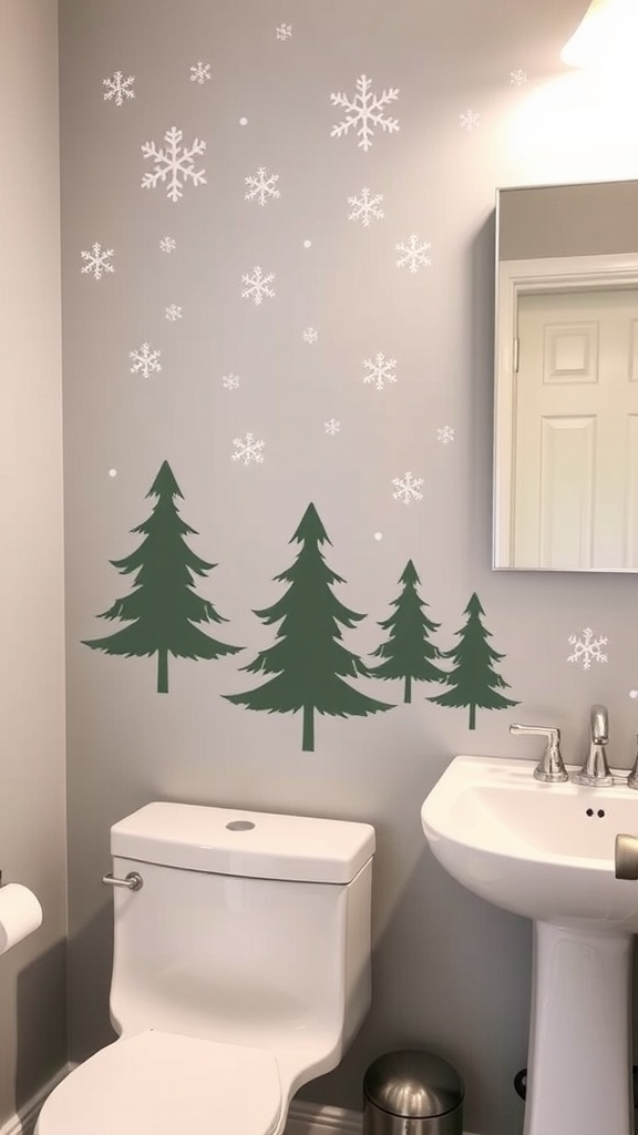 Christmas-themed wall decals in a bathroom featuring snowflakes and trees.