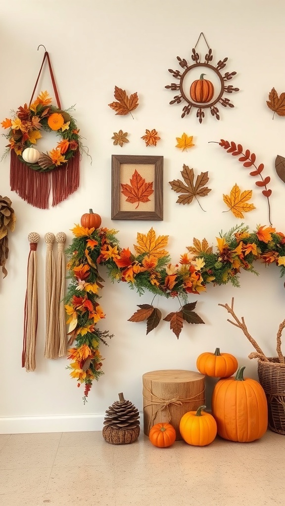 A cozy fall-themed wall decor featuring a wreath, garland, framed leaf art, pumpkins, and natural elements.