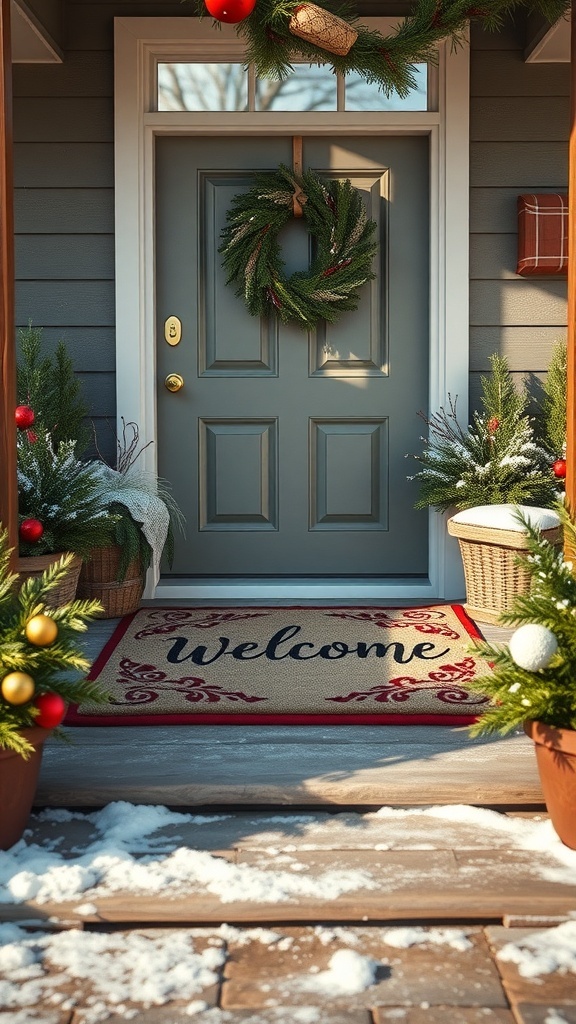 A welcome mat with snowflake designs at a front porch