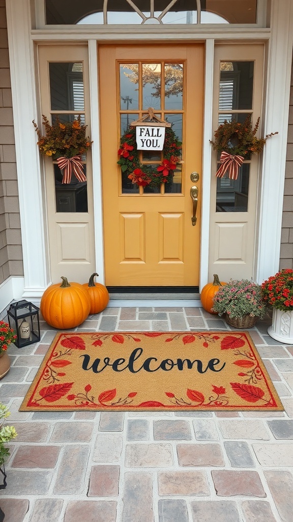 A fall-themed welcome mat with leaves design at a front door, accompanied by pumpkins and flowers.