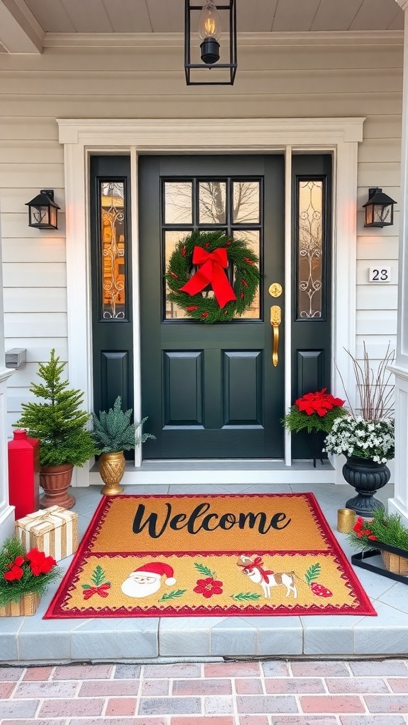 A festive welcome mat with Santa and a reindeer, surrounded by Christmas decorations on a porch.