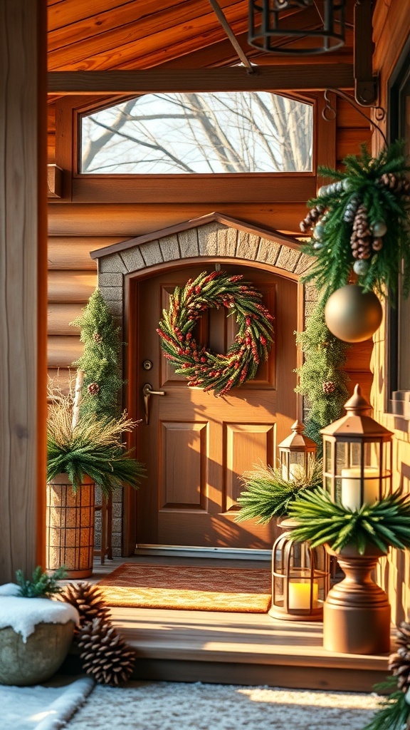 A winter front porch decorated with a welcome sign, wreath, and seasonal plants.