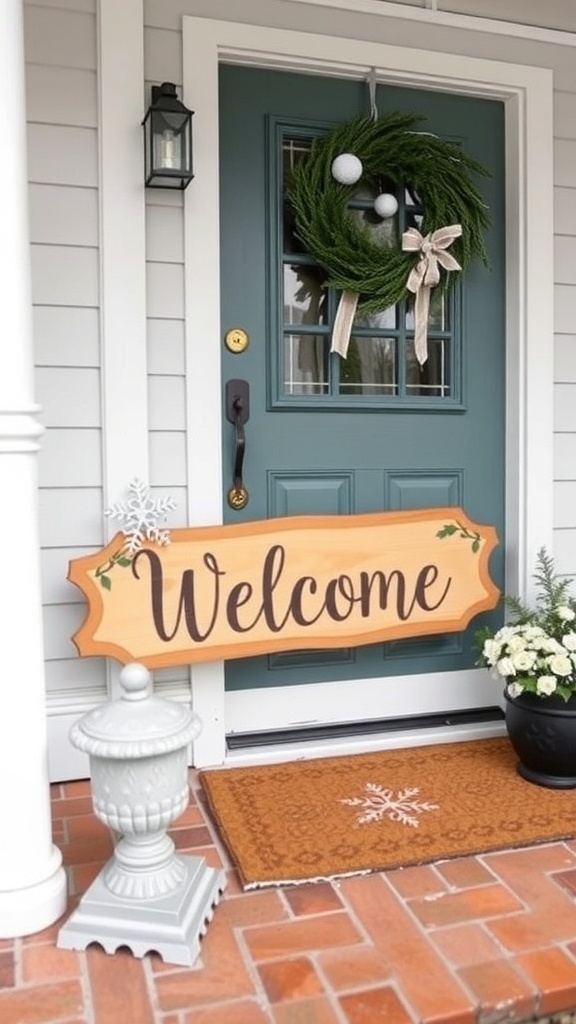 A winter-themed front porch with a wooden welcome sign, a wreath, and snowflakes.