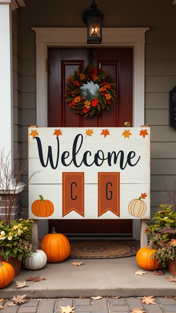 A fall-themed welcome sign with pumpkins and autumn leaves on a porch.