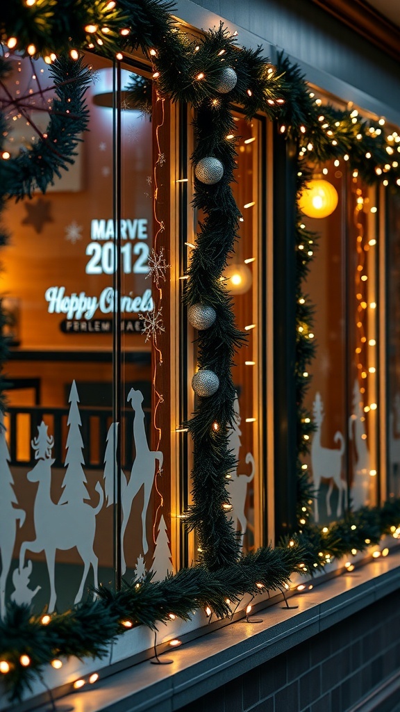A beautifully decorated window with garland, lights, and holiday-themed cutouts.