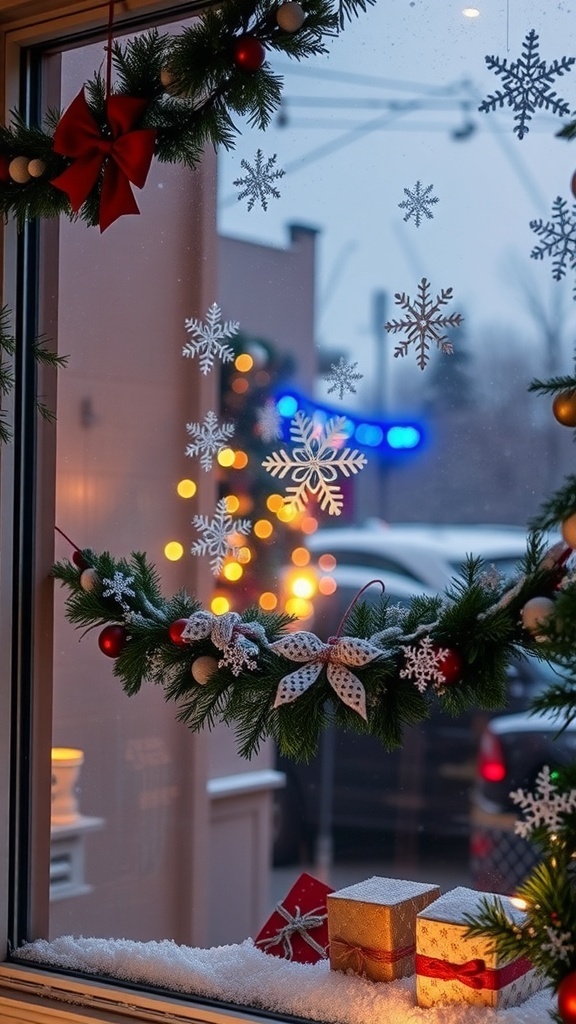 A decorated window with a wreath, snowflakes, and holiday gifts.