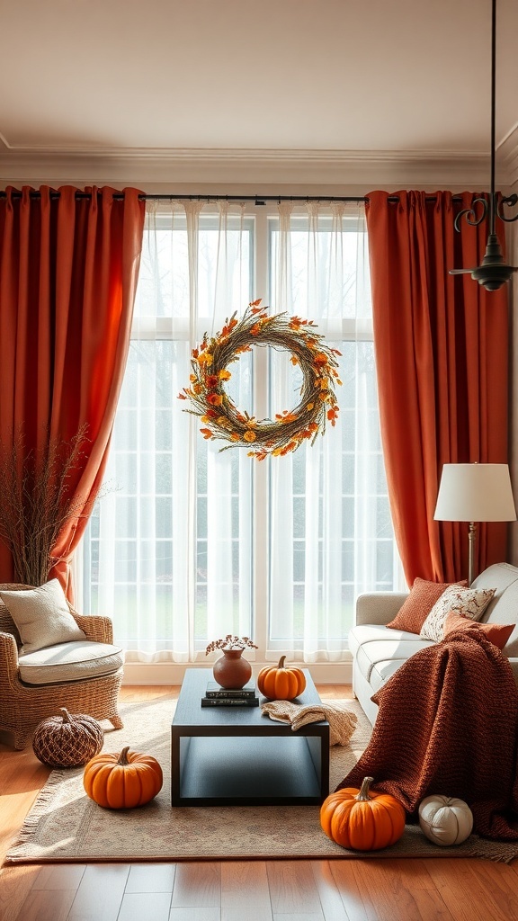 A cozy living room decorated for fall with orange curtains, a wreath, and pumpkins.