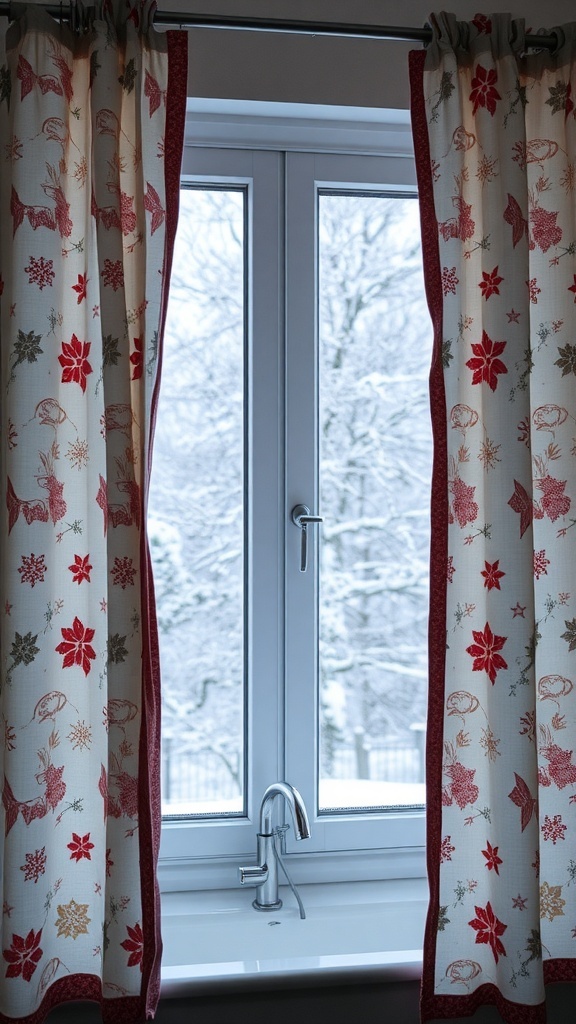 Festive curtains with snowflakes and flowers in a bathroom window