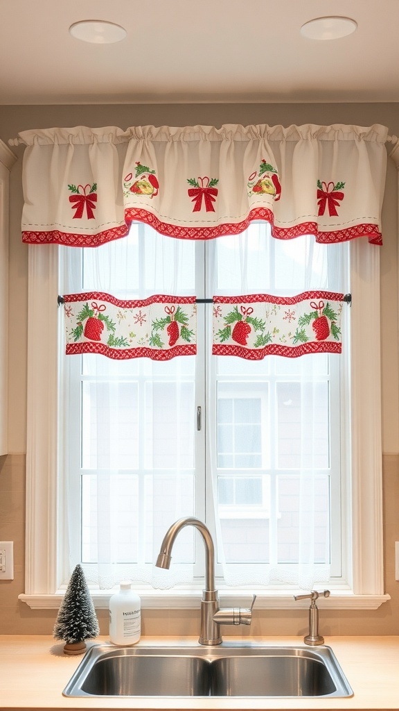 Festive kitchen window treatments with holiday designs.