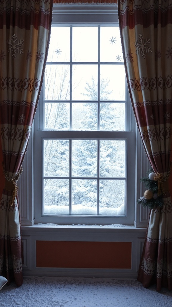 A window with festive curtains and a snowy view outside.