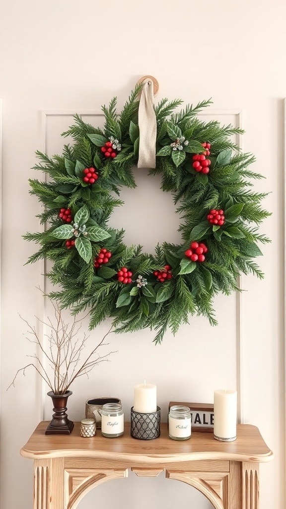 A seasonal wreath with red berries and greenery hanging above an entryway table with candles.