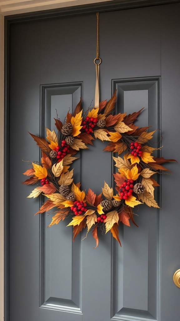A fall-themed wreath made of colorful leaves, red berries, and pinecones hanging on a dark door.