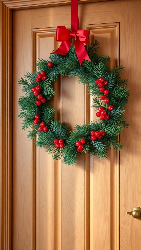 A Christmas wreath with red berries and a bow hanging on a wooden door.