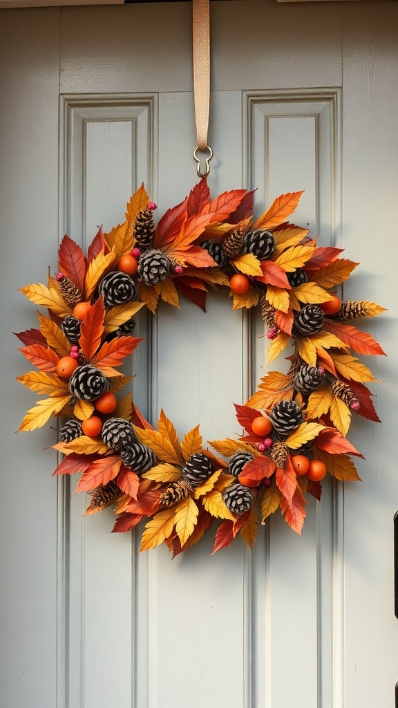 A fall wreath made of orange and red leaves, pinecones, and berries hanging on a light blue door.