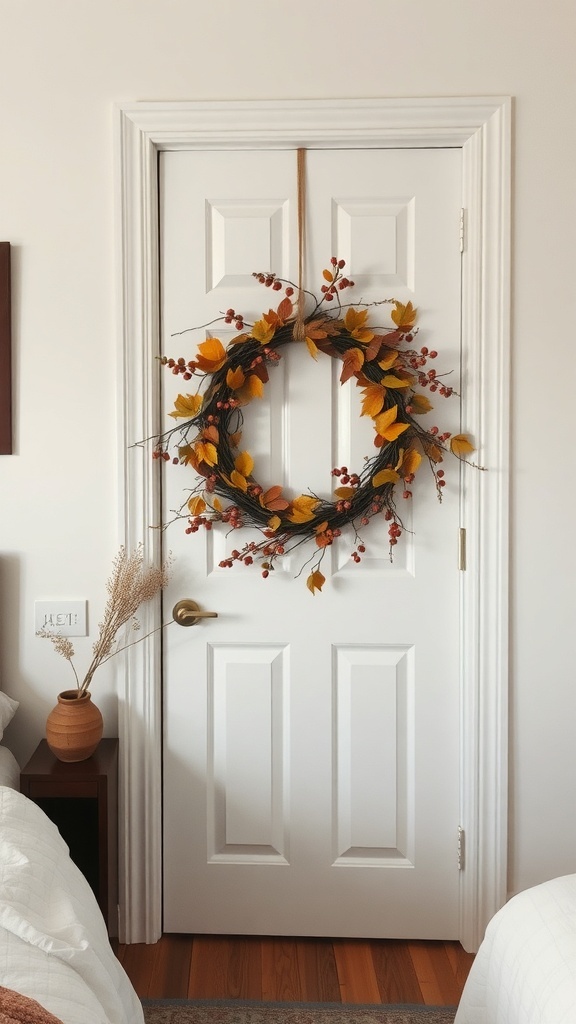 A fall-themed wreath with yellow leaves and berries hanging on a white door.