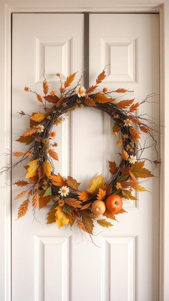 A beautiful fall wreath made of orange and yellow leaves, small pumpkins, and flowers, hanging on a white door.