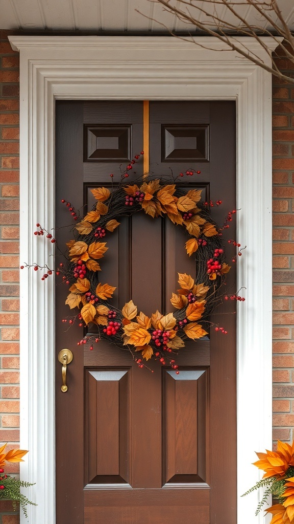 A fall wreath made of orange leaves and red berries on a brown door.