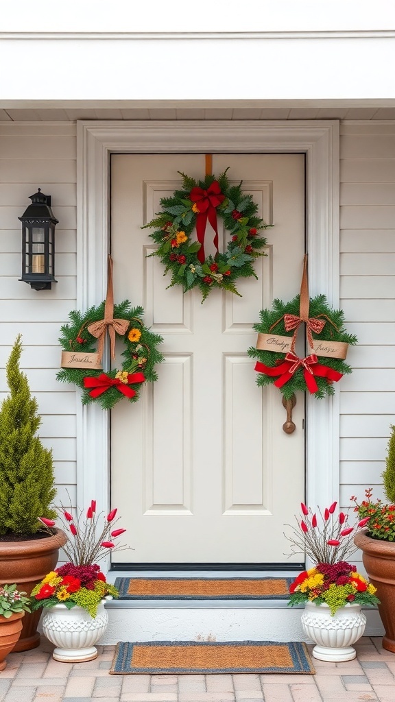 A front porch decorated for fall with wreaths and colorful planters.