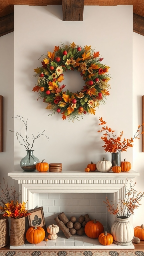 A fall-themed mantel with a colorful wreath, pumpkins, and autumn decorations.