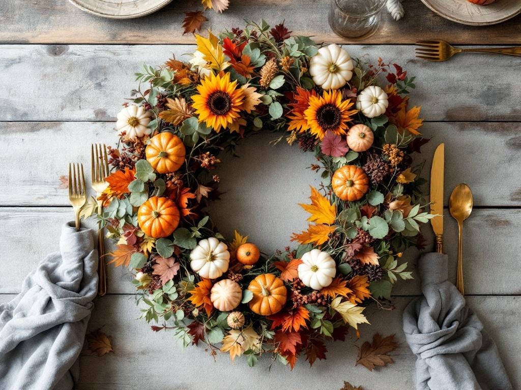 A colorful Thanksgiving wreath made of sunflowers, pumpkins, and autumn leaves, placed on a wooden table.