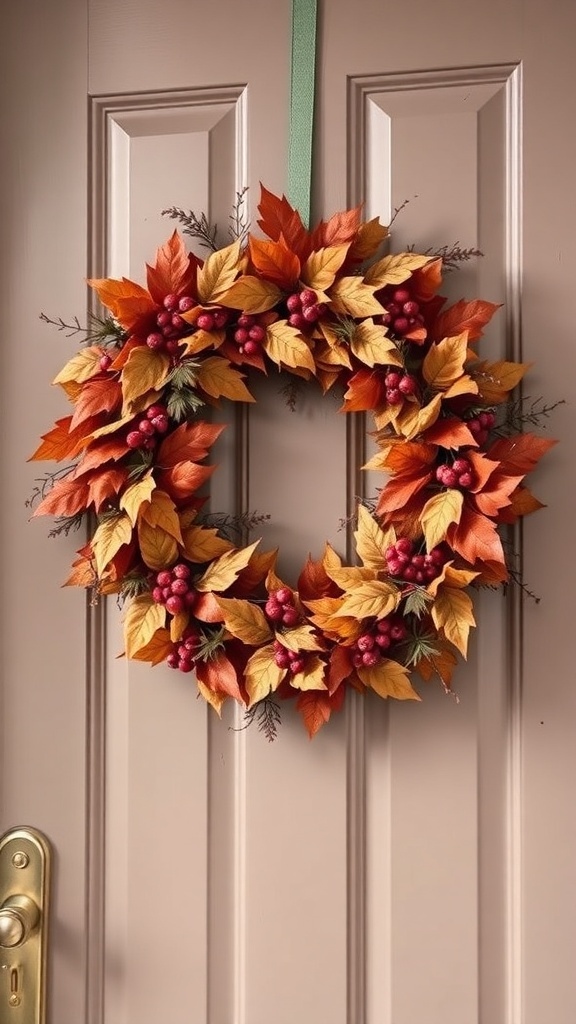A fall wreath made of orange and yellow leaves with red berries, hanging on a door.