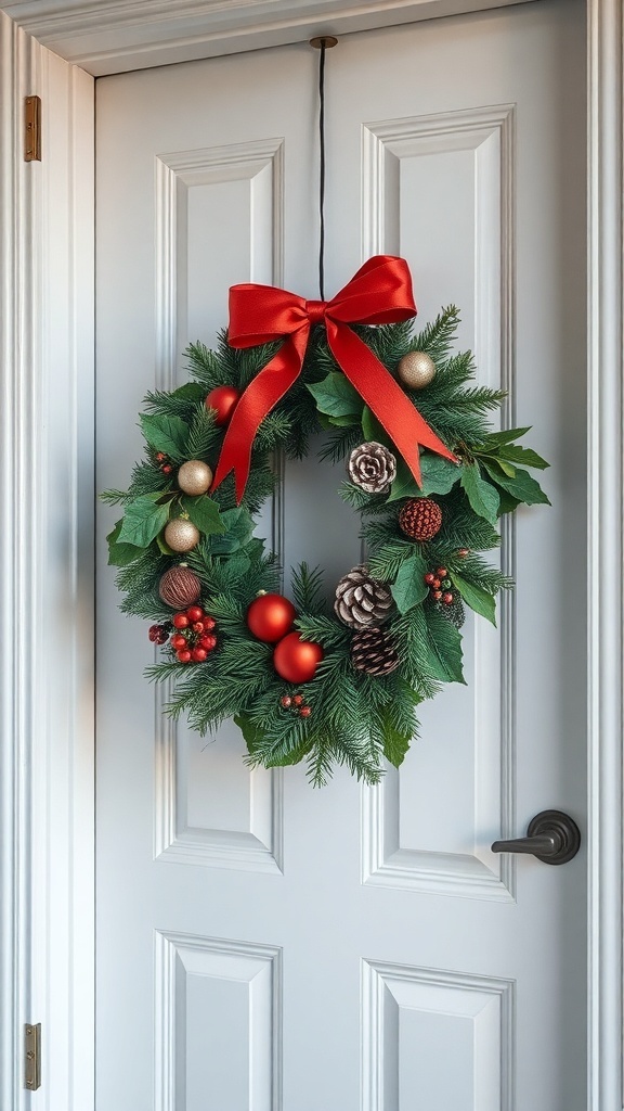 A Christmas wreath with red ribbon and ornaments hanging on a white door.