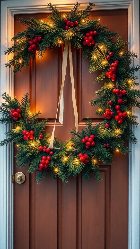 A festive winter wreath with pine, red berries, and lights hanging on a wooden door.