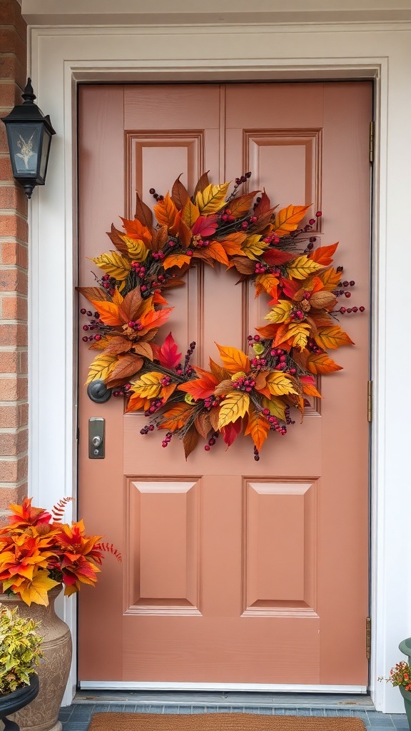 A fall-themed wreath made of orange and yellow leaves with red berries, hanging on a peach-colored door.
