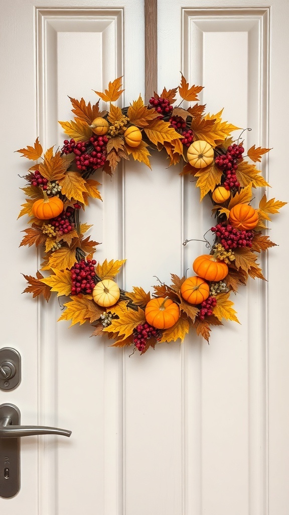 A vibrant autumn wreath featuring pumpkins, berries, and leaves, hanging on a door.