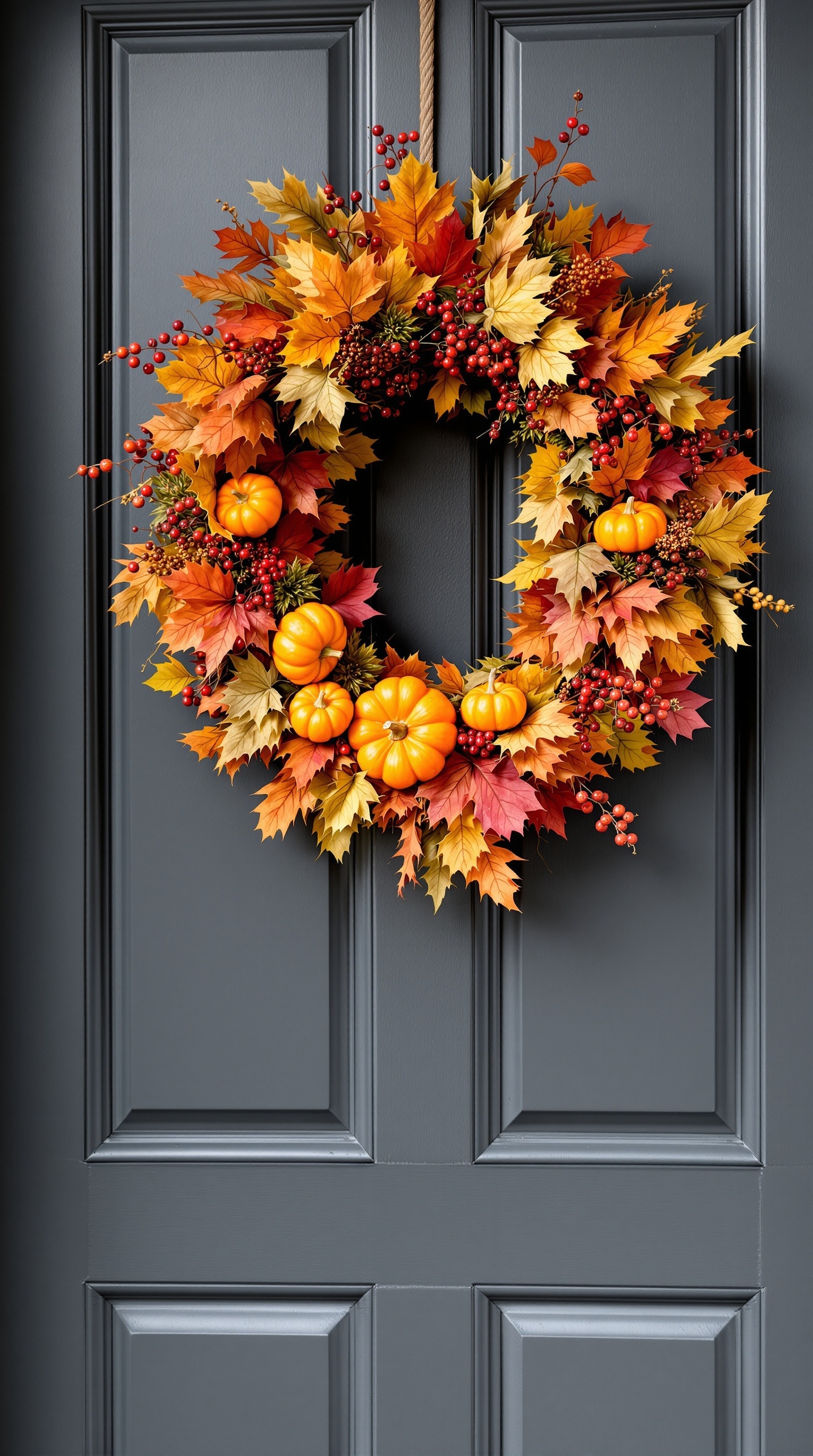 A vibrant fall wreath with orange pumpkins and autumn leaves hanging on a dark door.