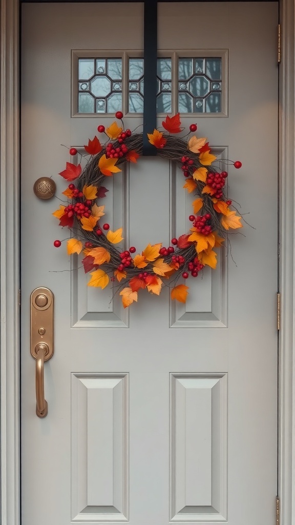 A fall-themed wreath with orange and red leaves and berries, hanging on a light-colored door.