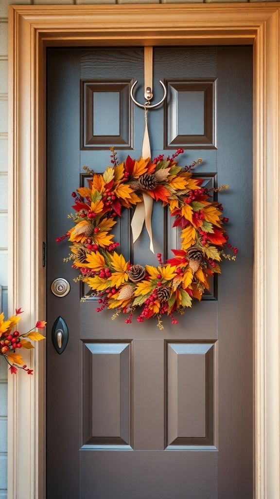 A fall-themed wreath made of colorful leaves, pinecones, and berries hanging on a dark door.