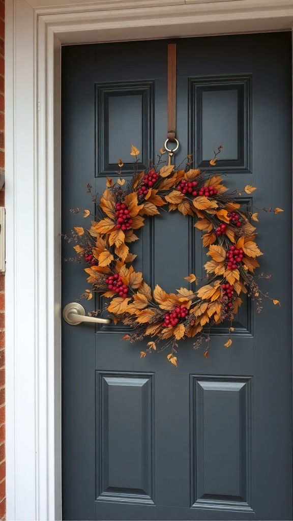 A fall wreath with golden leaves and red berries hanging on a dark blue front door.