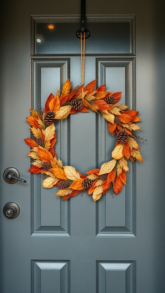 A fall wreath made of orange and yellow leaves and pinecones hanging on a blue front door.