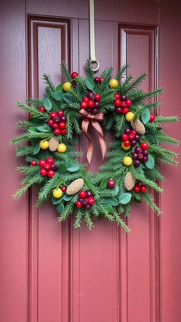 A festive winter wreath with red and yellow berries and pinecones on a red door.