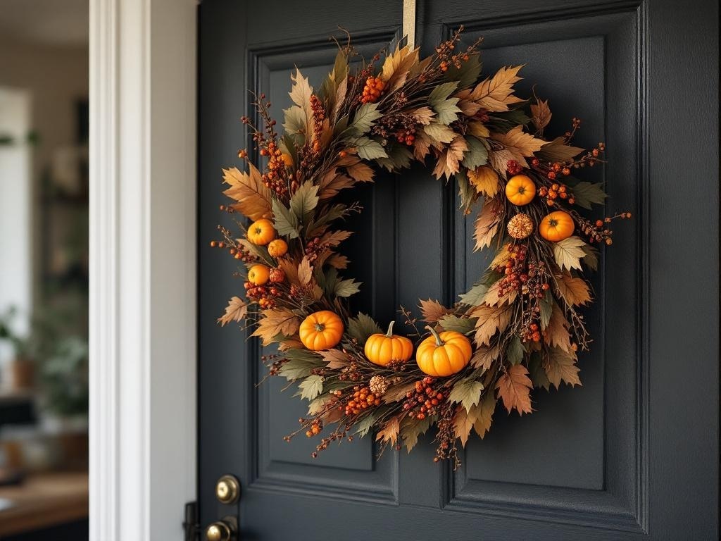A fall wreath featuring autumn leaves and small pumpkins on a dark door.