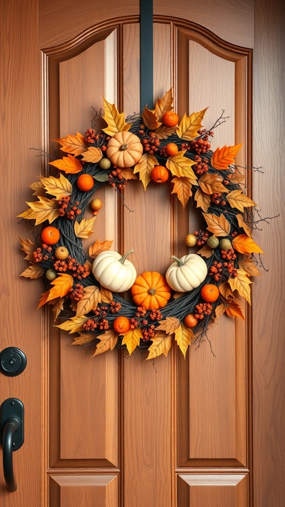 A fall-themed wreath with pumpkins and autumn leaves hanging on a wooden door.