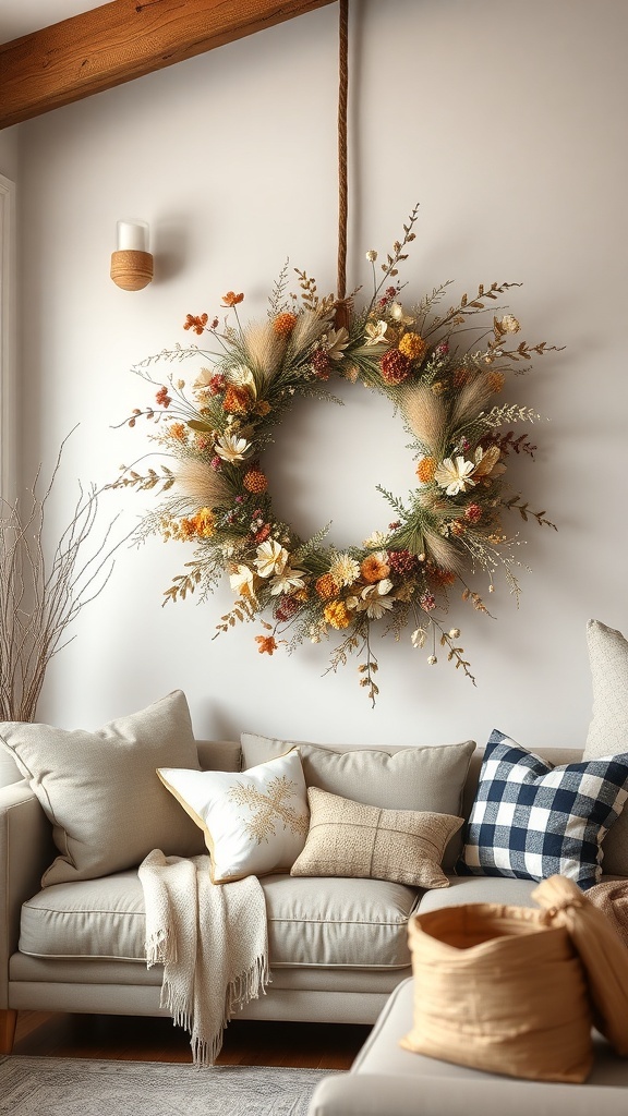 A seasonal wreath made of dried flowers and greenery hanging on a wall above a cozy couch.
