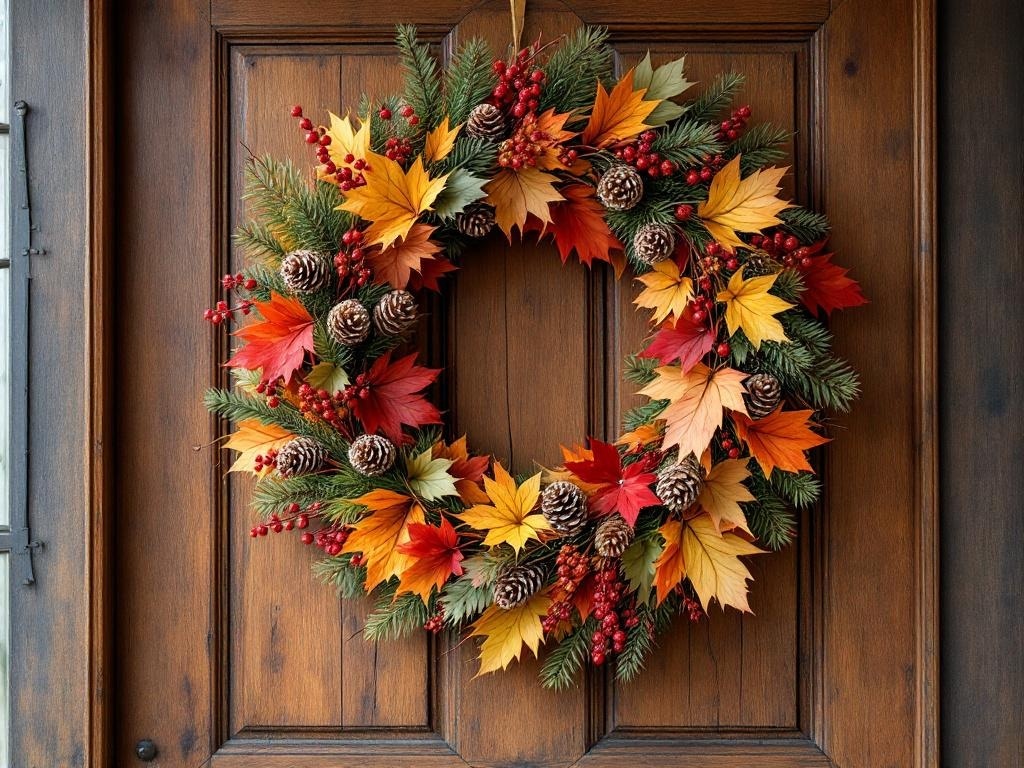 A colorful autumn wreath with leaves, pinecones, and berries hanging on a wooden door.