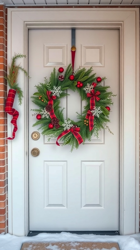 A winter wreath with red ornaments and ribbons on a white door, surrounded by snow.