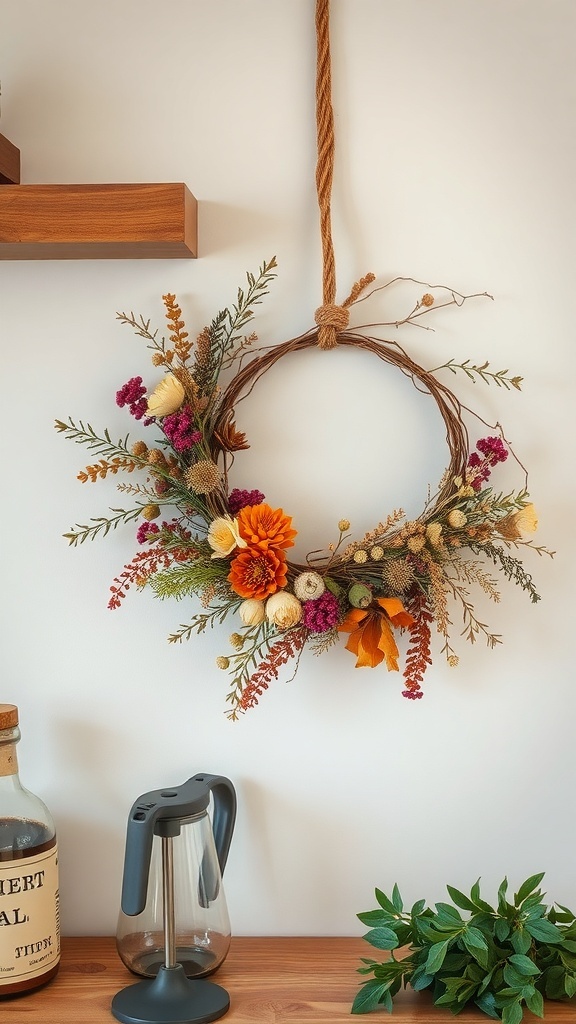 A colorful seasonal wreath made of dried flowers hanging on a wall.