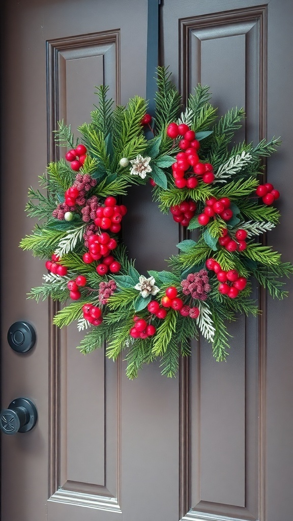 A winter wreath with pine and red berries hanging on a brown door.