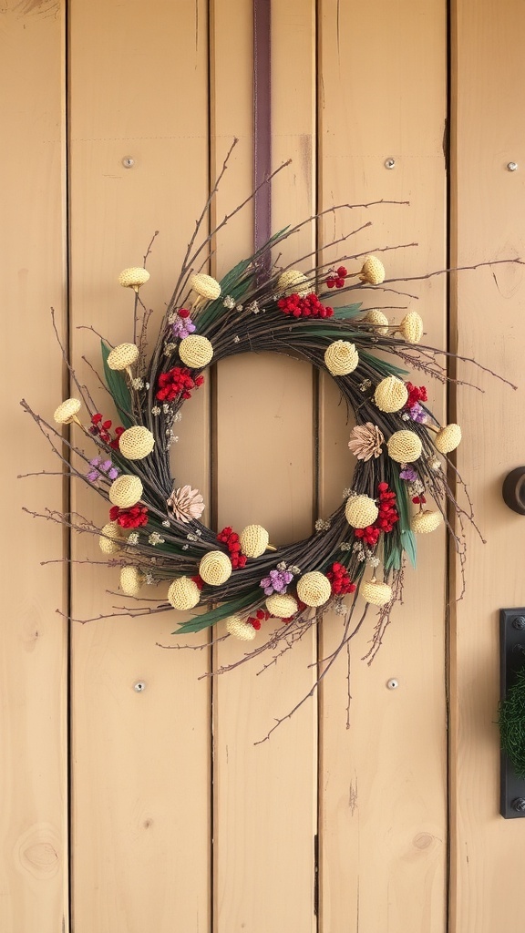 A rustic wreath made of twigs and colorful flowers hanging on a wooden door.