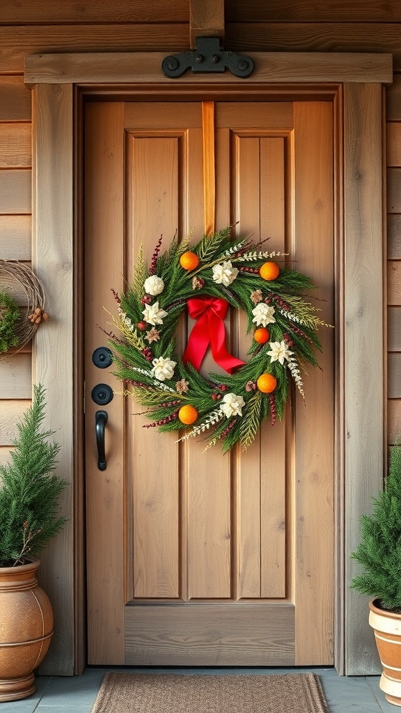 A rustic entryway featuring a seasonal wreath on a wooden door.