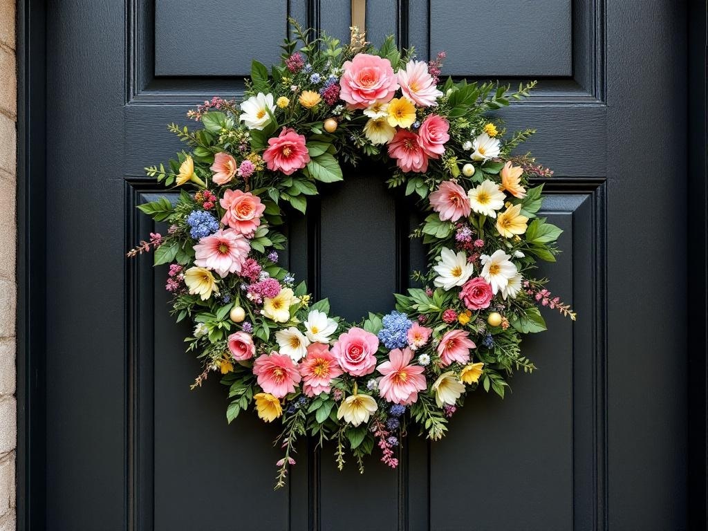 A vibrant spring wreath with pink, yellow, and blue flowers hanging on a black door.